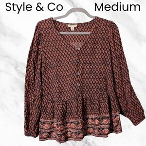 Style & Co. Medium Women's Black and Brown Patterned Top EUC